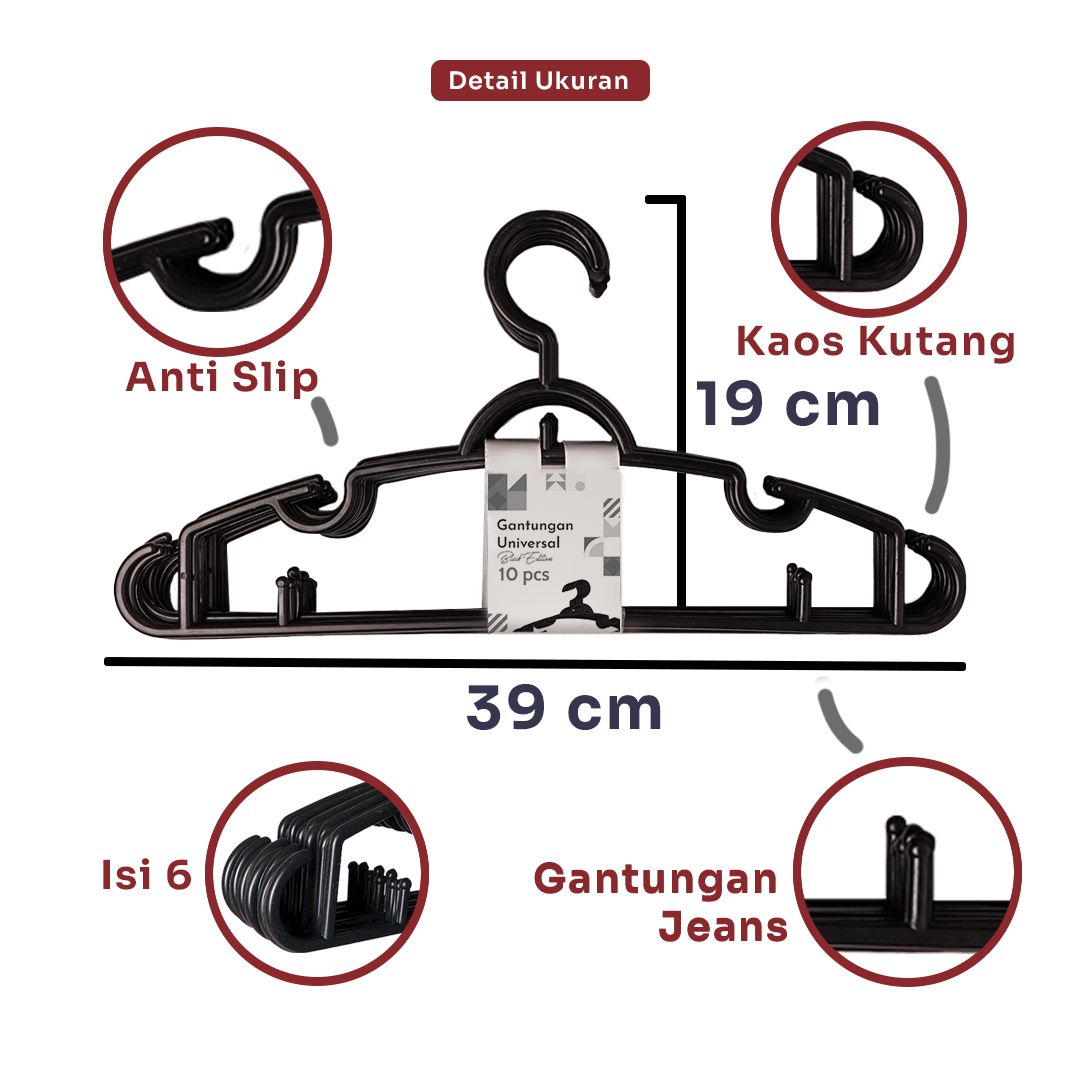 Indokurnia 10 Pcs Gantungan Baju Universal Hitam